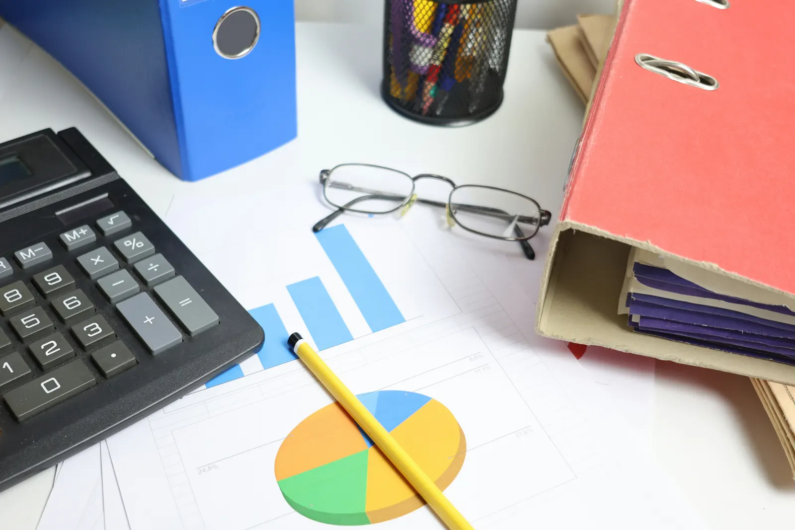 Accounting and financial planning workspace with charts and reports
